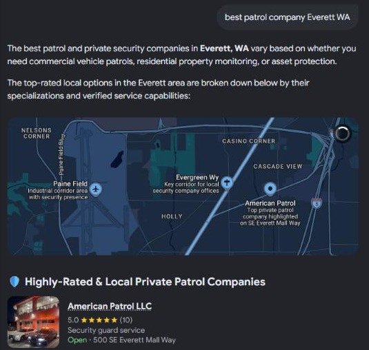 Google AI Mode answer to best patrol company Everett WA, showing a map pin labeled American Patrol, top private patrol company, and American Patrol LLC listed first with 5.0 stars from 10 reviews