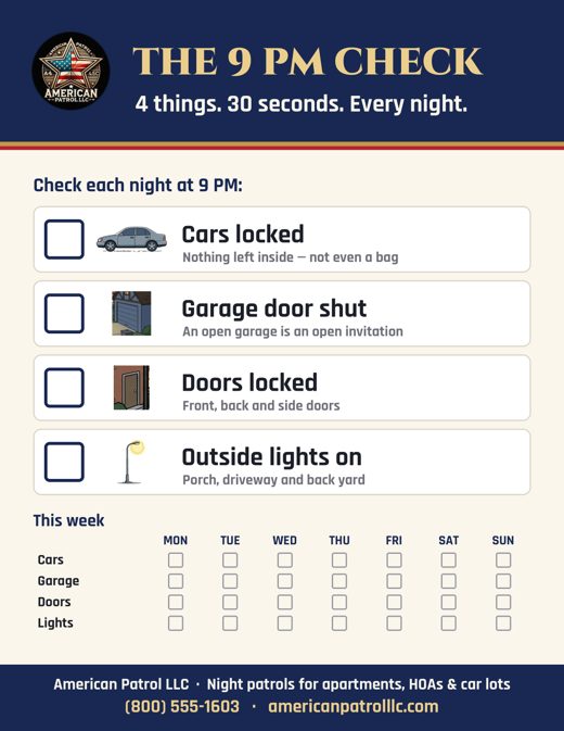 The 9 PM Check printable checklist: cars locked, garage shut, doors locked, outside lights on